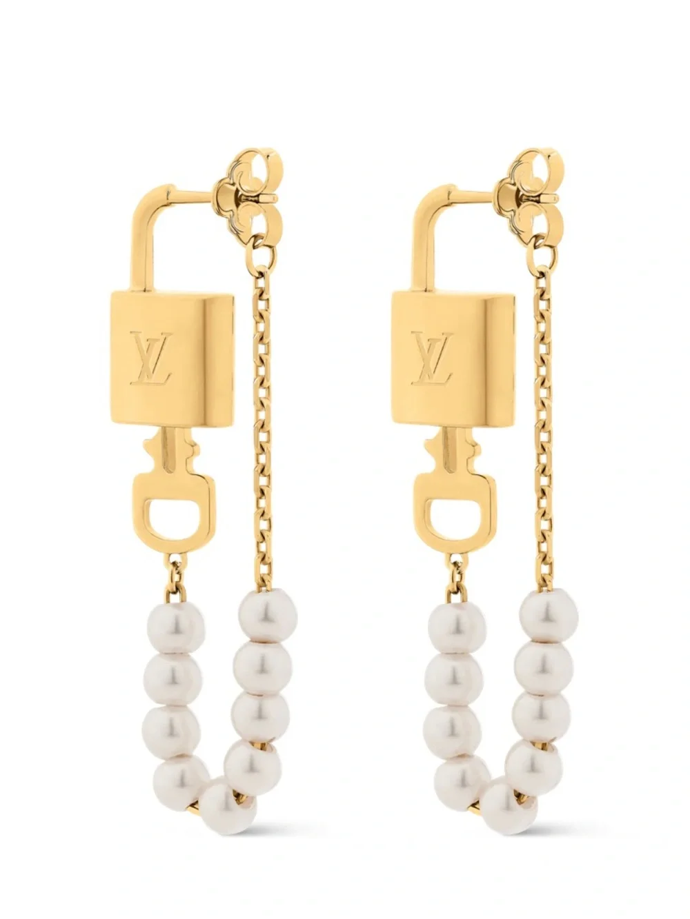 Louis Vuitton Pearlock Gold and White Pearl Chain Earring